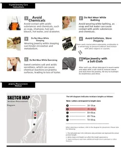 Size guide for sapphire jewelry set including necklace length chart and care tips