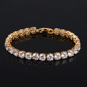 Bracelet rivière classique avec zircons AAA dorés et fermoir à boucle déployante