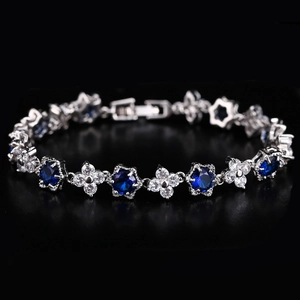 Luxueux Bracelet en Cuivre Zircone Fleur pour Femmes Elégant Plaqué Argent Bleu Royal Vert Rouge Bijoux Cadeau