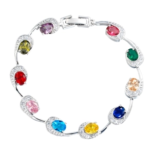 Zilveren damesarmband met tien gekleurde ovale edelstenen en sprankelende zirkonia's