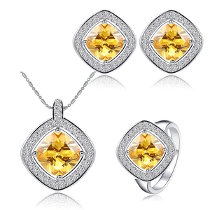 Parure de bijoux avec pierres jaunes carrées halo, collier, boucles d'oreilles et bague