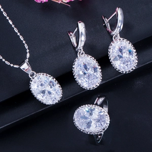 Elegant S925 silver jewelry set with oval cubic zirconia necklace earrings and ring