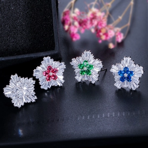 Sparkling snowflake zircon stud earrings in white, red, green and blue floral designs