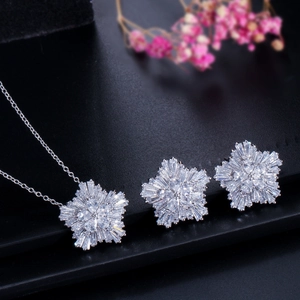 Detailed view of silver snowflake jewelry set with cubic zirconia necklace and stud earrings