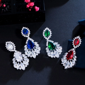 Classic vintage teardrop sapphire earrings with multi-color crystal cluster settings