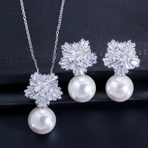 Lussuoso Set di Gioielli in Rame con Collana e Orecchini Fiocco di Neve Zirconia e Künstliche Perle Stile Coreano Sposa Matrimonio Banchetto Gioielli Donna