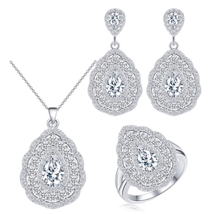 Elegant silver jewelry set with pear-cut zircon pendant necklace, earrings, and ring