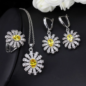 Ensemble de Bijoux Vintage Marguerite en Cuivre Zircone Pour Femmes Plaqué Or Blanc Collier Boucles d'oreilles Bague Tournesol