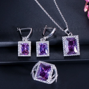 Luxus Kupfer Zirkonia Schmuckset Für Damen Rechteckig Smaragdschliff Halo Halskette Ohrringe Ring Hochzeit Bankett Schmuck Zubehör