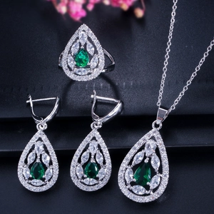 Elegante set di gioielli vintage argento con pietre verdi a goccia per abiti da sera
