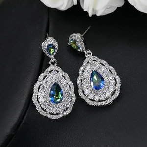 Elegant gold-plated water drop earrings with colorful zircon stones and diamond accents