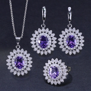 Luxurious Copper Zirconia Sunflower Jewelry Set For Women Elegant Oval Stone Floral Necklace Earrings Ring For Wedding Party