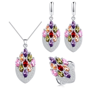 Elegant bridal jewelry set with multicolored marquise zircons and silver teardrop necklace