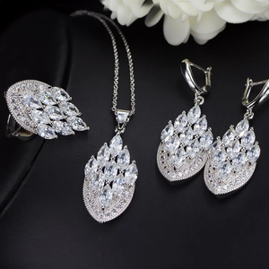 Elegant silver bridal jewelry set with marquise zircon necklace, earrings and open ring