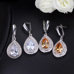 S925 silver pear cut drop earrings with zircon halo in white and amber stone colors