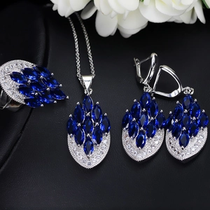 Exquisite bridal jewelry set with navy blue marquise zircon necklace earrings and ring