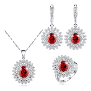 Luxurious sunflower jewelry set with red zircon necklace, earrings and ring in silver finish