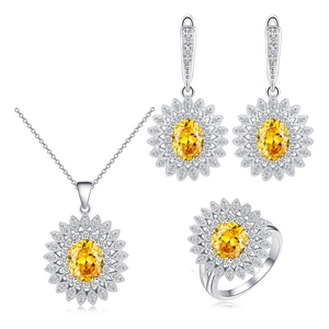 Elegant sunflower jewelry set with yellow zircon necklace earrings and ring in silver finish