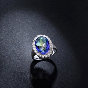 Anillo de moda con circón AAA y una gran piedra de topacio místico ovalado plateado