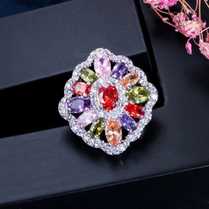 Bague de Cocktail de Luxe en Cuivre avec Zirconia Multicolore Fleur pour Femme Bijoux de Mode Électroplaqués Vintage Cadeau