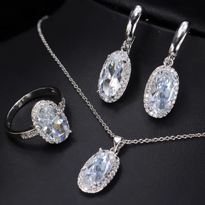 Luxury Copper Zirconia Jewelry Collection For Women Oval Cut Halo Pendant Necklace Earrings Ring Bridal Wedding Party Accessory