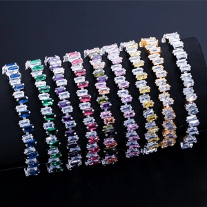 Set of multi-colored rectangle cut AAA zircon tennis bracelets in gold and silver plating