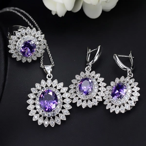 Sunflower jewelry set with purple zircon necklace ring and earrings in silver finish