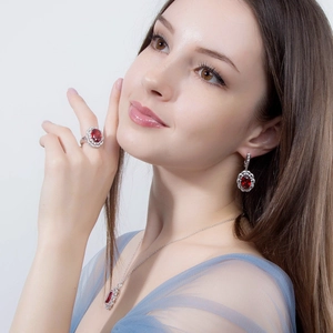Elegant silver jewelry set with red oval zircon necklace earrings and ring for brides