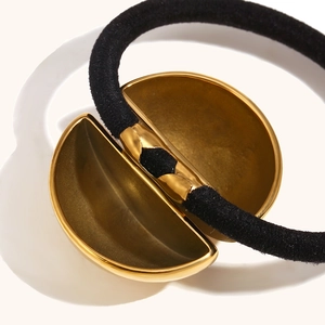 Polished 18K gold plated spherical hair tie with premium thick black elastic band