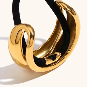 Élastique à cheveux en métal doré 18 carats avec motif double goutte d'eau et ruban noir