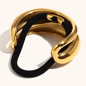 Élastique à cheveux en métal doré 18K en forme de double goutte d'eau avec corde noire
