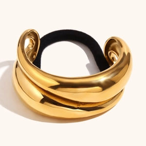 Élastique à Cheveux Vintage en Acier Inoxydable Plaqué Or 18K Symétrique Double Couche Goutte d'Eau Mode Haute Élasticité pour Femmes