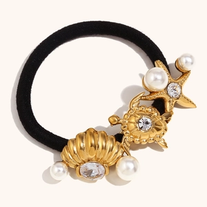 Élastique à Cheveux en Acier Inoxydable Thème Marin Étoile de Mer Tortue Coquillage Plaqué Or 18K Künstliche Perle Strass