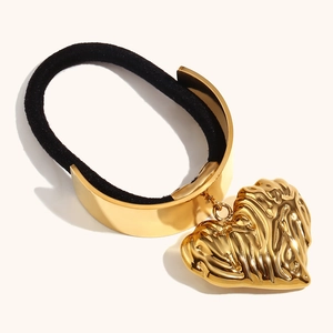 Minimalist Stainless Steel Textured Heart Pendant Hair Tie High Polish 18K Gold Plated Elastic Hair Band For Women Jewelry