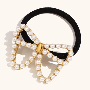Stainless Steel Butterfly Bow Artificial Pearl Hair Tie 18K Gold Plated Hollow Elastic Hair Band Fashion Commuter Women Headwear