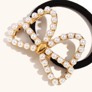 Elegant 18K gold plated stainless steel butterfly hair tie with pearl inlay on black band
