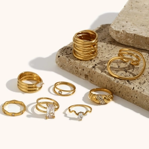 Moderni Anelli in Acciaio Inossidabile per Donna Placcati Oro 18K Zirconia Geometrici Sovrapponibili Doppio Strato Gioielli di Moda