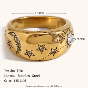 Detail view of 18K gold plated stainless steel ring with star and moon zircon inlay