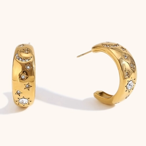 Chic 18K gold-plated C-shaped earrings with celestial star and moon zircon engravings
