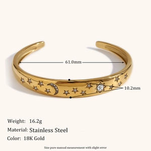 18K gold plated stainless steel star and moon bangle bracelet with white zircons