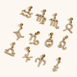 12 Constellation Zodiac Pendants Women Stainless Steel 18K Gold Plated Pave Rhinestone Zodiac Symbol Charm Jewelry Accessory