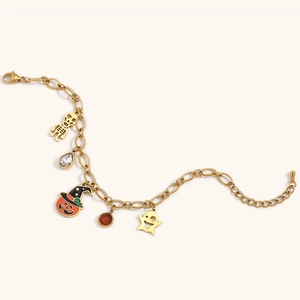 Bracciale Halloween in acciaio inossidabile placcato oro 18K con ciondoli a zucca e fantasma
