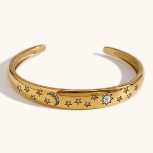 Vintage 18K gold plated stainless steel cuff bracelet with star and moon zircon inlay