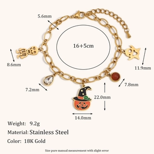 Bracciale Halloween in acciaio placcato oro 18K con ciondoli a forma di zucca e fantasma