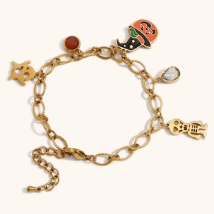 Bracciale Halloween placcato oro 18K con ciondoli a zucca, fantasma e teschio in acciaio