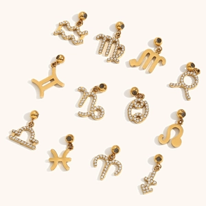 Macro view of 18K gold plated 12 zodiac pendants with crystal inlay and polished finish