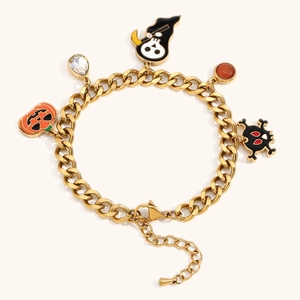 Bracciale di Halloween con catena cubana in oro 18K e ciondoli a forma di teschio zucca