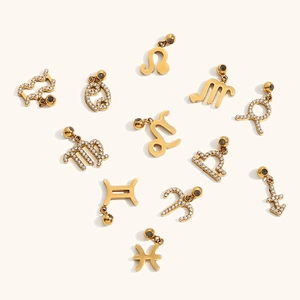 18K gold plated stainless steel 12 zodiac pendants with zircon crystals and polished finish