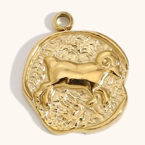 Collar de moneda vintage de acero inoxidable bañado en oro de 18K con colgante de aries