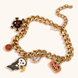 Bracciale a Catena Cubana in Acciaio Inossidabile Placcato Oro Halloween Con Ciondoli Zucca Fantasma Mietitore Teschio Donna